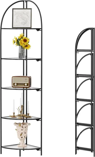 Vista 28 de Crofy Estante esquinero plegable de 3 niveles, soporte de esquina de metal para plantas con marco negro y estantes negros, estante de exhibición