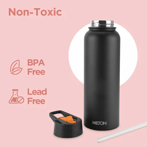 Vista 3 de Milton Botella de agua aislada de 40 onzas con 4 tapas a prueba de fugas, termo aislado al vacío de doble pared de acero inoxidable, 12 horas