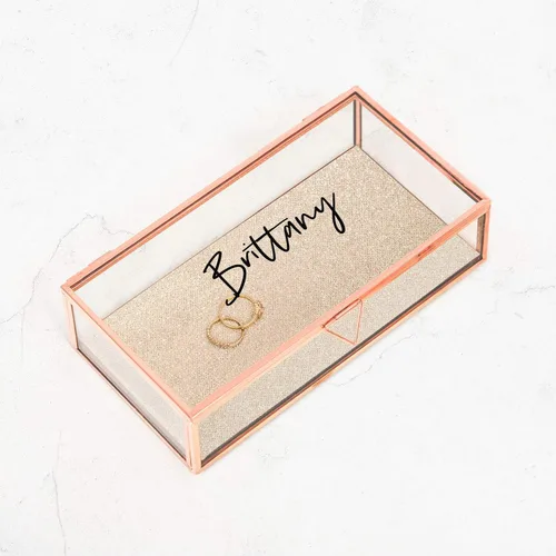 Vista 2 de WEDDINGSTAR Organizador de joyero de cristal rectangular grande personalizado Bordes de oro rosa - Fuente de guión