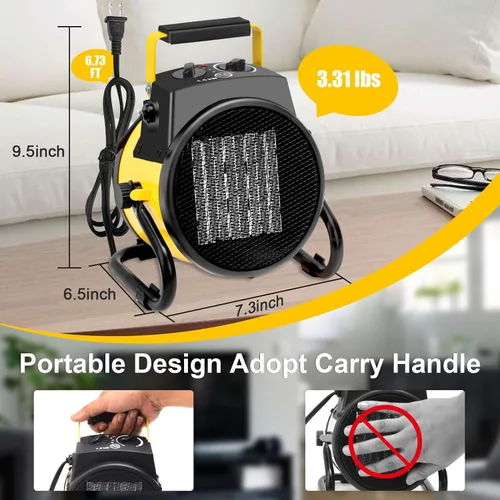 Vista 4 de Calentador de garaje portátil de 1500 W, calentador eléctrico para exteriores con calentamiento rápido y protección contra sobrecalentamiento