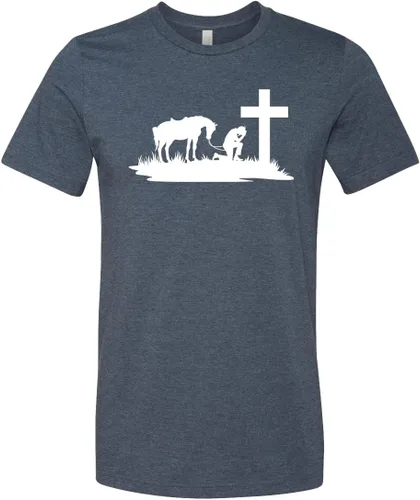 Vista 3 de Cowboy with Horse Kneeling Praying at Memorial Cross Shirt, Cowboy Shirt, Horse Shirt, Horse Lover, Cowboy Tee, Wild West Shirts