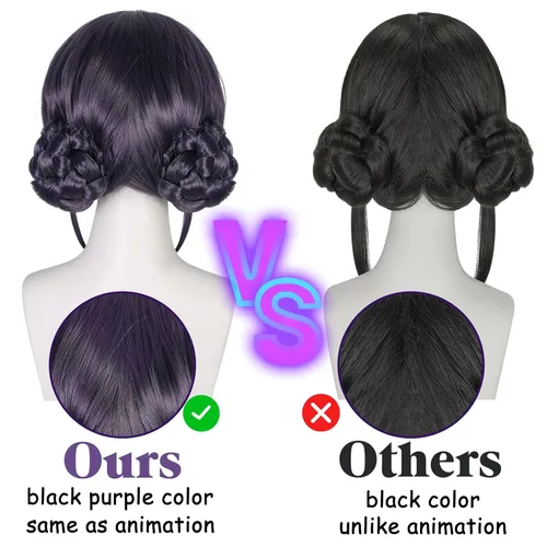 Vista 2 de Peluca negra y morada con 2 moños, pelo corto negro y morado, moños trenzados dobles para mujeres, cantantes, ídolos, personajes, cosplay, pelucas