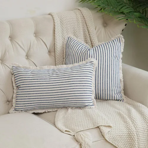 Vista 6 de Hckot Juego de 2 fundas de almohada de 20 x 20 pulgadas, a rayas con flecos, de algodón, decorativas, cuadradas, para sofá, cama, sala de estar