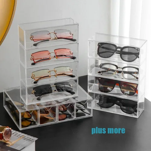 Vista 4 de CLUQMEIK Organizador de lentes de sol de acrílico con 4 tapas, organizador de cajones, suministros rectangulares para baño, dormitorio, escritorio