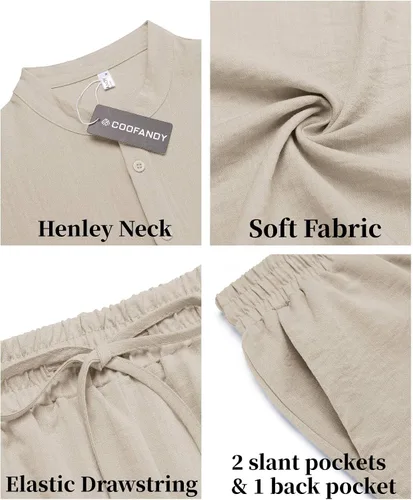 Vista 5 de COOFANDY Conjunto de 2 piezas de lino para hombre, camisas Henley casuales de manga corta, pantalones cortos de yoga para la playa, pantalones