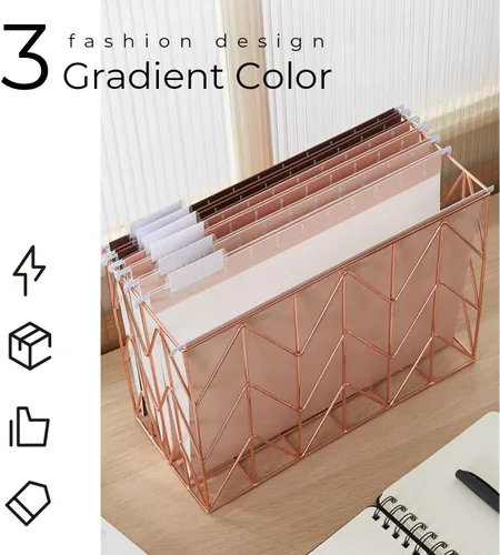 Vista 3 de Y YOMA Organizador de archivos colgantes, tamaño carta, de metal dorado rosa, cesta de almacenamiento para oficina en casa, 1 paquete, con juego