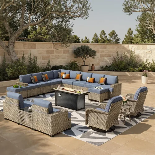 Vista 83 de HOOOWOOO Juego de muebles seccionales de patio con mesa de luz solar, 6 piezas de mimbre para exteriores, sofá en forma de L, juego de conversación