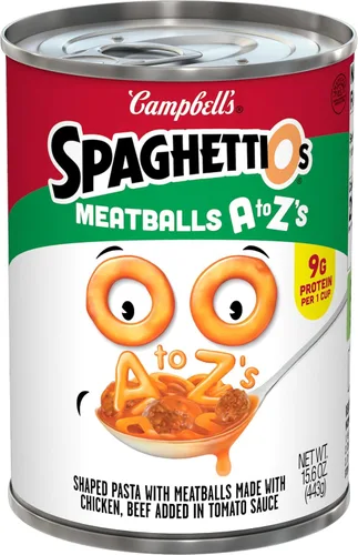 Vista 10 de SpaghettiOs Pasta enlatada con albóndigas A to Z's, lata de 15.6 onzas