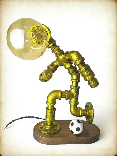 Vista 5 de Lámpara de mesa robot de tubería industrial, luz de escritorio Steampunk, metal dorado, estilo vintage (E)