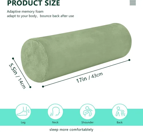 Vista 3 de YETTASBIN Almohada redonda cilíndrica de color verde salvia para aliviar el dolor de cuello, suave y transpirable, almohada de espuma viscoelástica