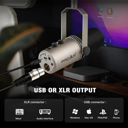 Vista 3 de Micrófono dinámico de podcasting USB/XLR, micrófono USB profesional para juegos para computadora de PC con cancelación de ruido, kit de micrófono