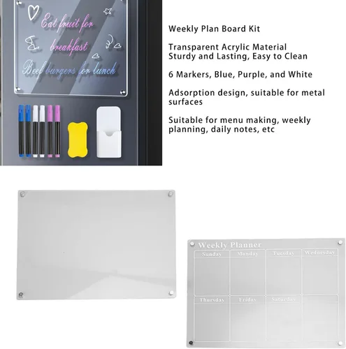 Vista 9 de Calendario semanal para refrigerador, pizarra de borrado en seco de acrílico transparente con 6 marcadores para el hogar, cocina, organización