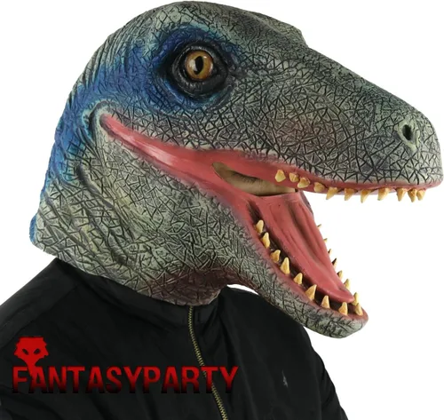 Vista 3 de Máscara de animales de Halloween, disfraz de fiesta de látex, máscara de cabeza de dinosaurio, velociraptor