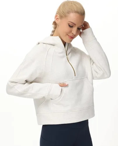 Vista 6 de THE GYM PEOPLE Sudaderas con capucha para mujer, media cremallera, manga larga, forro polar, con bolsillos, agujero para el pulgar