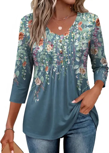 Vista 18 de Ekouaer Blusas de manga 3/4 para mujer, cuello en V, blusas plisadas casuales Boho Multicolor