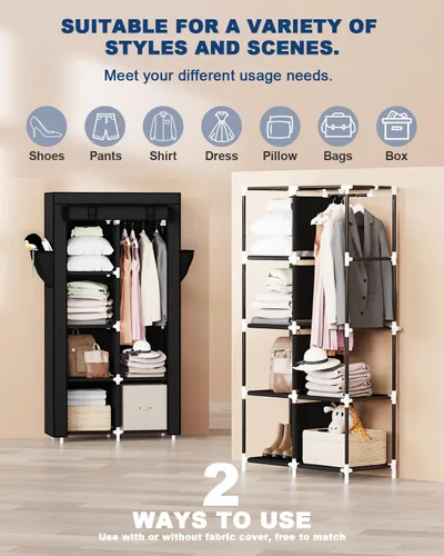 Vista 6 de Mavivegue Armario portátil, Armario de ropa, Armario portátil para colgar ropa, para dormitorio y sala de estar, Negro, 2 filas, 34" de ancho x 18
