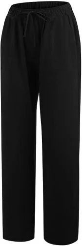 Vista 4 de iHHAPY Pantalones de lino con cordón de las mujeres pantalones largos pantalones de chándal sueltos pantalones de playa ligeros pantalones de verano