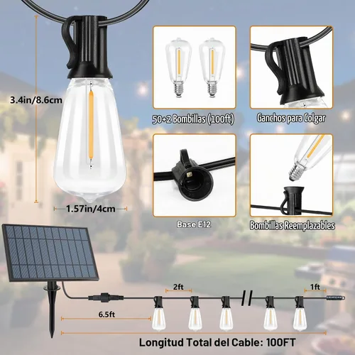 Vista 9 de 100 pies de luces de cadena solar para exteriores con control remoto, luces LED recargables por USB para patio con 52 bombillas ST38 Edison