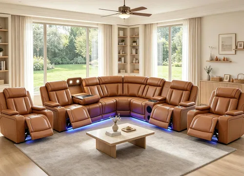 Vista 23 de Juego de sofá seccional reclinable de cuero, sofá seccional con 4 sillones reclinables