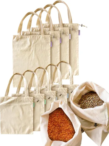 Vista 10 de purifyou Juego de 9 bolsas reutilizables de algodón orgánico – Malla de doble costura resistente, sin blanquear, cierre de cordón – 2 XL (12 x 20)