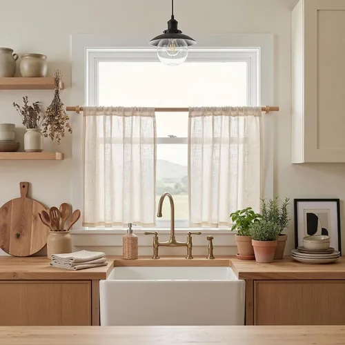 Vista 68 de MYSKY HOME Cortinas naturales de puerta francesa para ventana de puerta, 40 pulgadas de largo, cortas, semitransparentes, filtrantes de luz