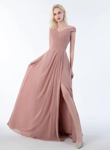 Vista 3 de Vestidos de dama de honor con hombros descubiertos para mujer, vestidos largos plisados de gasa formales