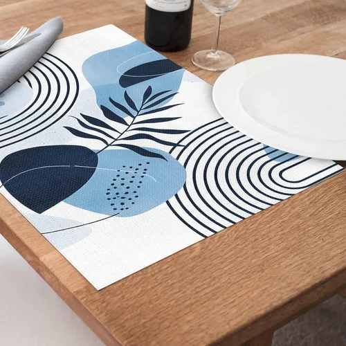 Vista 2 de Juego de 4 manteles individuales bohemios con hojas tropicales, de cloruro de polivinilo lavable, color azul, arte abstracto de siglo medio, plantas