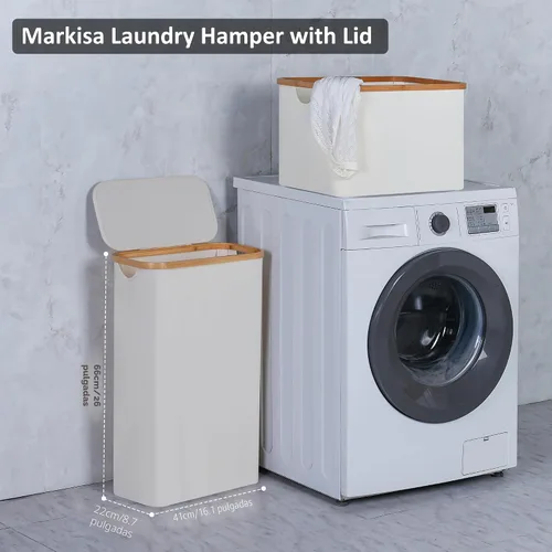 Vista 3 de Cesta de lavandería delgada, cesta estrecha con tapa, cesta de 60 litros para lavandería, cesta de tela sucia con mango de bambú para juguetes, Beige