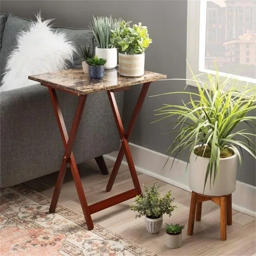 Vista 2 de Pemberly Row Juego de mesa plegable de madera de 5 piezas, parte superior de mármol sintético marrón, construcción de madera de caucho resistente