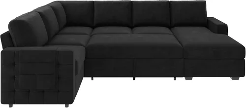 Vista 8 de HONBAY Sofá cama seccional con cama extraíble, sofá seccional en forma de U con diván de almacenamiento, sofá seccional de 6 plazas, terciopelo negro