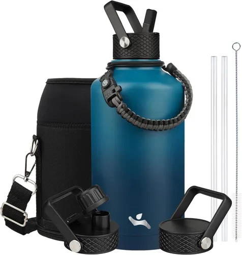 Vista 49 de Konokyo - Botella de agua aislada de 18 onzas, botellas deportivas de acero inoxidable con 3 tapas, verde militar