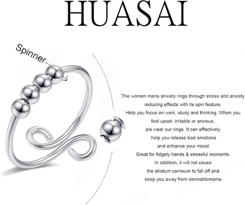 Vista 4 de HUASAI Anillo de ansiedad para mujer anillo de alivio de ansiedad anillos para aliviar el estrés y la ansiedad para mujeres y hombres