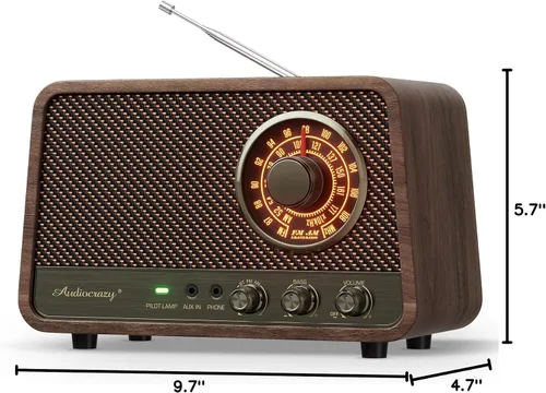 Vista 9 de Radio Bluetooth AM FM de madera vintage, sonido potente de 10 W