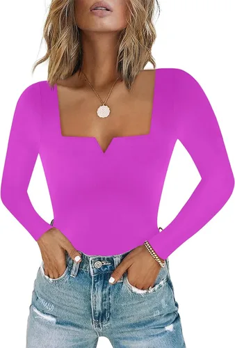 Vista 34 de Chunpin Body de manga larga para mujer, cuello cuadrado, muesca, cuello en V, traje de cuerpo de doble forro para salir, trajes de tanga Slim Fit