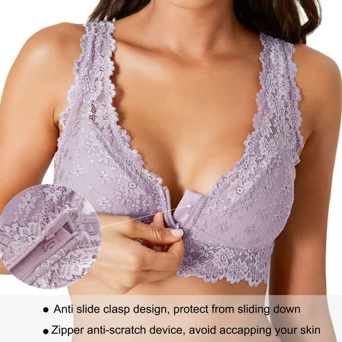 Vista 4 de Rolewpy Bralette de encaje floral para mujer, con cierre de cremallera sin cordón y parte superior corta con relleno extraíble