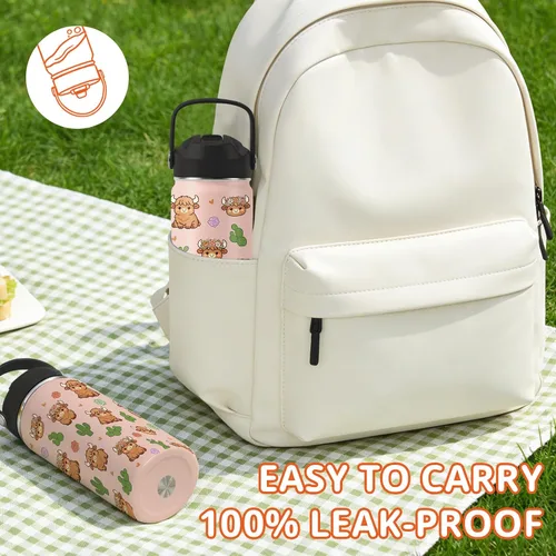 Vista 2 de Botella de agua de vaca de 16 onzas con asa y popote para niños, vasos de Vaca-Rosa