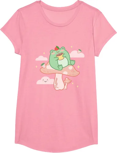 Vista 67 de Kawaii Strawberry Frog On Mushroom - Camiseta de manga corta de anime, Azul / Patchwork, S Azul Pastel