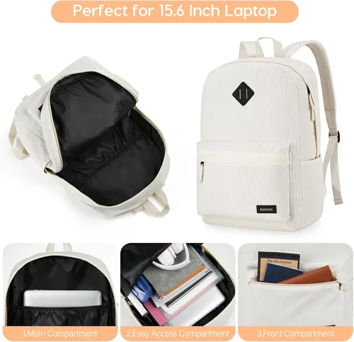 Vista 2 de BIKROD Mochila para niñas, mochila escolar beige para adolescentes y niños, mochila ligera de pana suave casual para mujeres, mochila grande