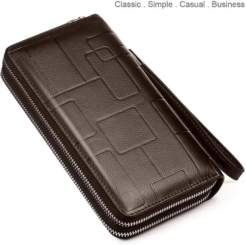 Vista 6 de Bolso de mano para hombre, bolso de cuero genuino con cremallera, cartera larga para negocios, bolso de mano grande