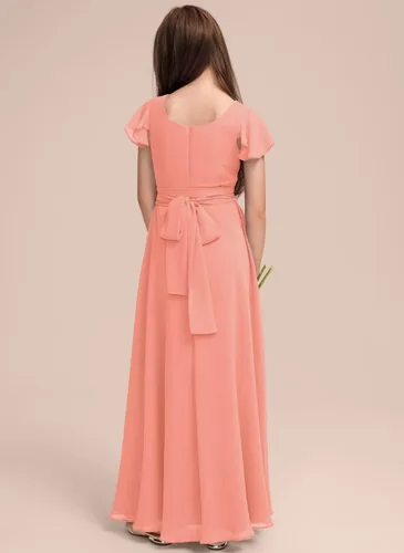 Vista 5 de Vestido de dama de honor junior de gasa cuadrado de una línea de vestido de niña de flores para boda