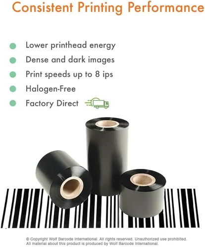 Vista 3 de 6 rollos Wolfbarco de cinta de cera de transferencia térmica estándar de 4.33 pulgadas x 1345 pies para etiquetas y códigos de barras para SATO