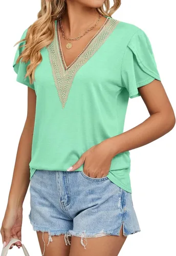 Vista 4 de WELINCO Camisetas básicas de verano para mujer, cuello en V, manga de pétalo, estilo casual