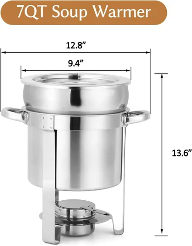 Vista 4 de Calentador de sopa redondo de acero inoxidable de 7 cuartos de galón, paquete de 2 Soup Chafer, Include Pot Lid & Fuel Holder, Commercial Soup Pot