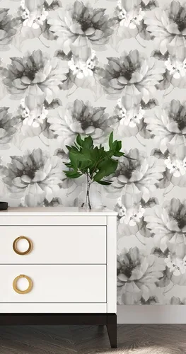 Vista 4 de NextWall Harry & Grace - Papel tapiz floral para despegar y pegar (ceniza y plata metálica)