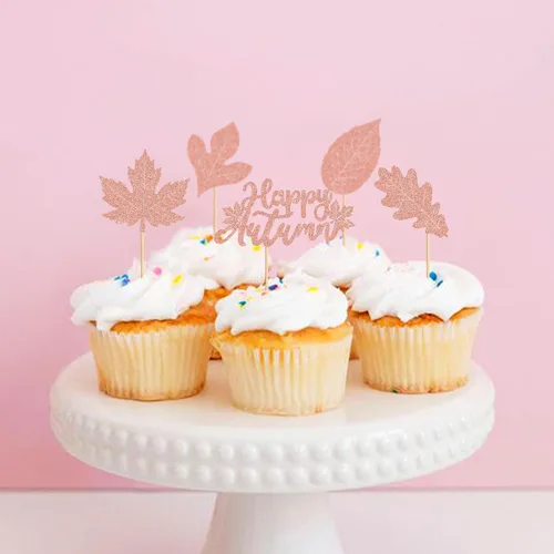 Vista 6 de Ercadio Paquete de 30 adornos para cupcakes de hojas de arce de otoño con purpurina de oro rosa y hojas de arce para decoración de otoño, cosecha