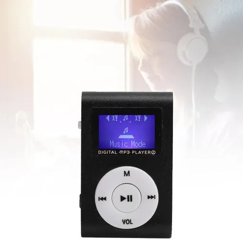 Vista 4 de Mini reproductor de MP3, pantalla LCD mini reproductor de música USB, con auriculares, reproductor de clip ultraligero, carcasa de metal, soporte