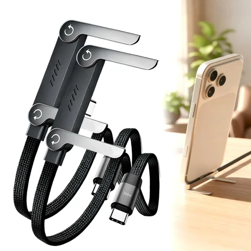 Vista 6 de Cable de carga rápida trenzado de 240 W con soporte de teléfono integrado en forma de T, cable USB-C plegable y duradero de 90 grados, cable USB C