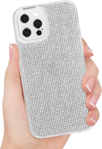 Vista 2 de Funda compatible con iPhone 12 Pro Max, transparente, con diamantes de imitación brillantes, protección a prueba de golpes, brillo premium, blanco