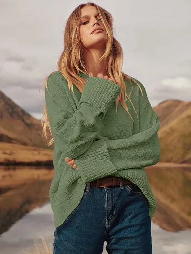 Vista 69 de LOGENE Suéter de gran tamaño para mujer, cuello redondo, manga larga, suave, mullido, suéter de punto 2025 para otoño e invierno