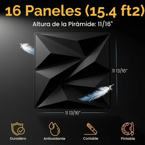 Vista 5 de Sonicism Paneles de Pared Mejorados Paquete de 16, 0.7"x11.8"x11.8" Paneles de Pared 3D Piramidales Corte Creativo, Paneles de Pared de PVC